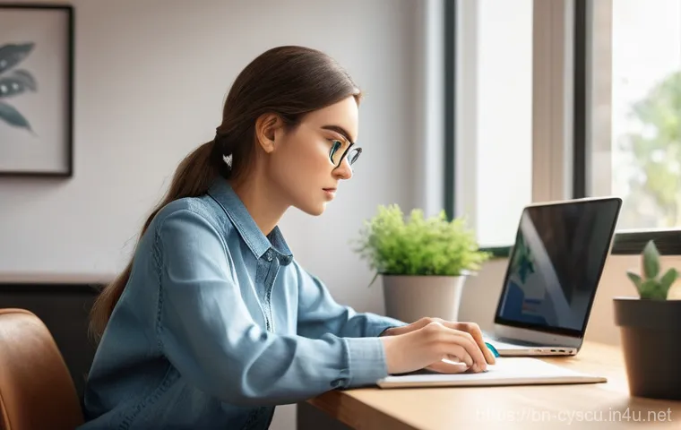 사이버보안에서 발생할 수 있는 실수와 예방책 - A focused young woman, aged about 20, wearing a comfortable yet modest long-sleeved shirt and jeans,...