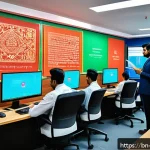 정보보호 컨설턴트의 하루 - A detailed digital illustration of a Bengali office environment where employees are attentively part...