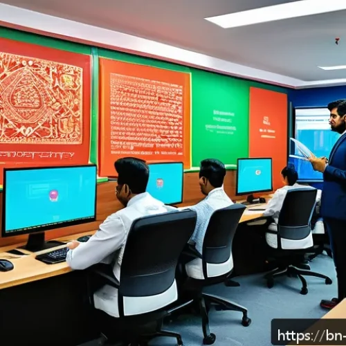 정보보호 컨설턴트의 하루 - A detailed digital illustration of a Bengali office environment where employees are attentively part...