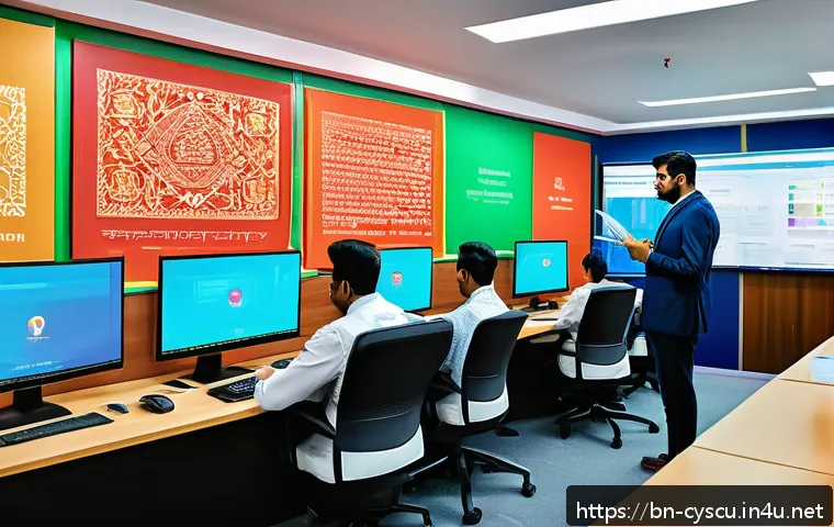 정보보호 컨설턴트의 하루 - A detailed digital illustration of a Bengali office environment where employees are attentively part...