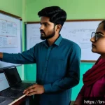 사이버보안 전문가를 위한 책 추천 - A detailed modern classroom scene in Bangladesh where a diverse group of Bengali students attentivel...