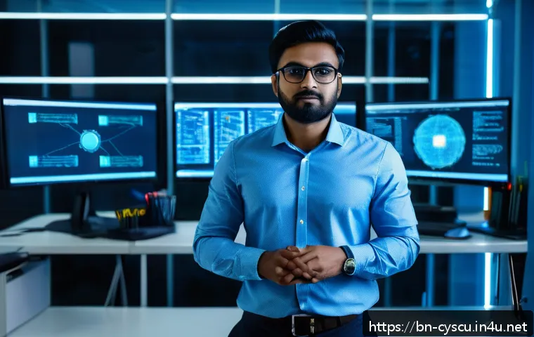 실기 시험 대비를 위한 네트워크 보안 실습 - A detailed, professional cybersecurity analyst working in a modern, high-tech lab environment filled...